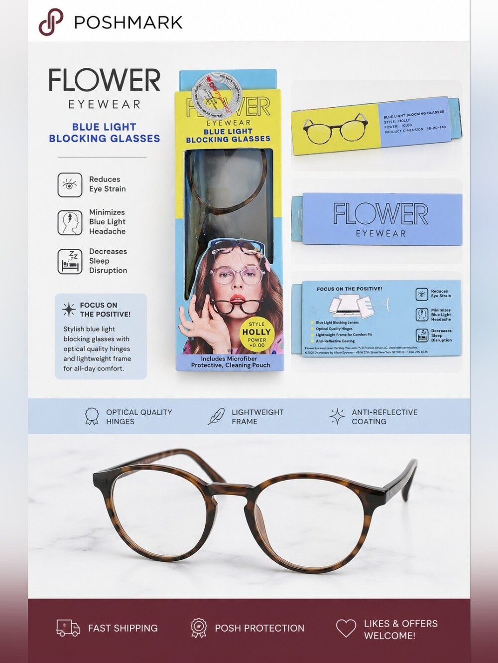 Flower Eyewear Holly Blue Light Blocking Glasses Tort NWT